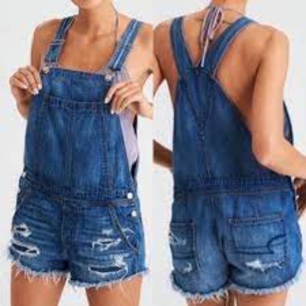 American Eagle Short Denim Distressed Romper ( S )